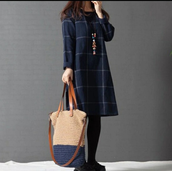 5⭐FLATTERING NAVY PLAID dress tunic NICE STYLE - Picture 3 of 8